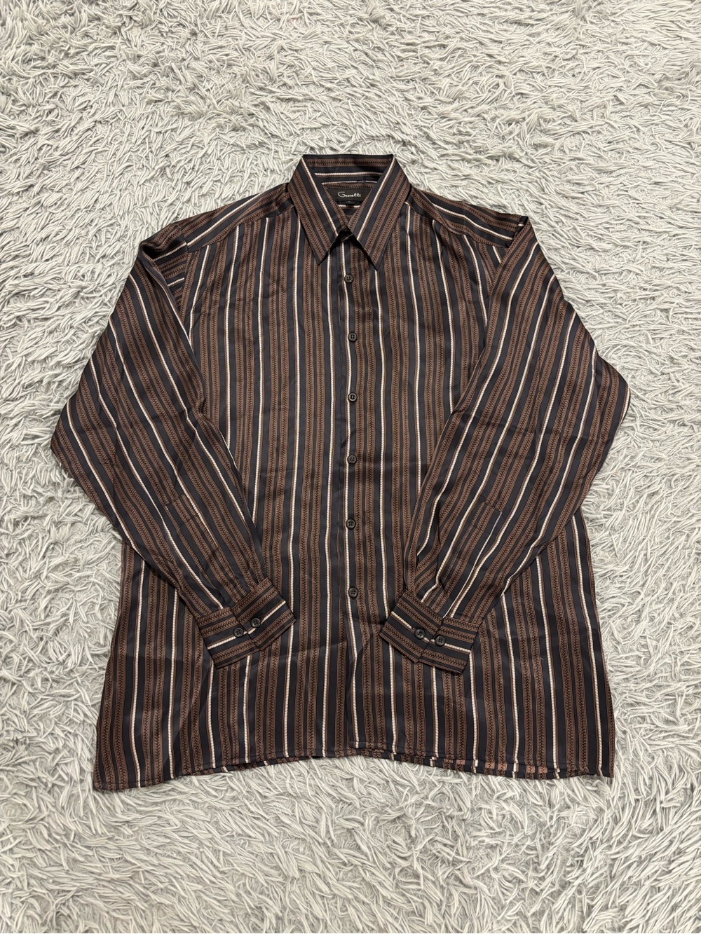 Genelli Men’s Multicolored Silk Geometric Striped Button Up Shirt Retro Y2K